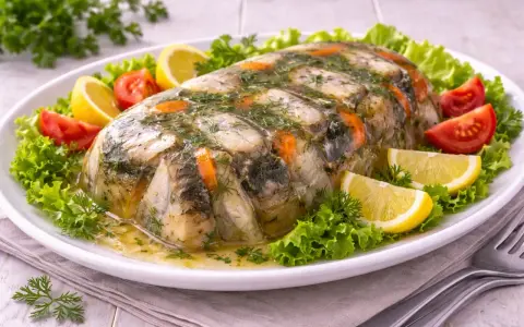 Ein festlich angerichteter Aal in Aspik, garniert mit Zitrone, Tomaten und Salat.