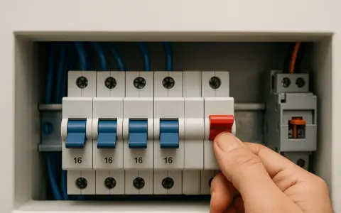 Dłoń włącza czerwony bezpiecznik w skrzynce z wyłącznikami. Dowiedz się, jak włączyć korki w domu, aby przywrócić zasilanie.