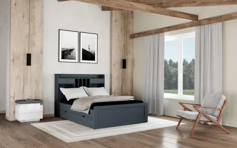 Habitación moderna con cama azul, mesita de noche blanca y sillón gris. Ideas para como hacer una habitacion acogedora.