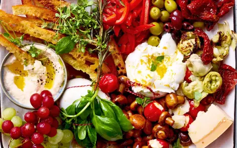 Eine Platte mit geilen Snacks: Hummus, Burrata, Trauben, Brot, Oliven, Pilze, Tomaten und Käse.