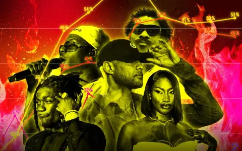 Des artistes de le rap, dont certains chantent au micro, sur fond de flammes et de graphiques.