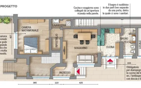 Pianta di un progetto casa 55 mq rettangolare: ingresso, soggiorno, cucina, bagno, lavanderia, ripostiglio e camera matrimoniale luminosa.