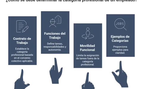 Diagrama sobre cómo determinar la categoría profesional de un empleado, cubriendo contrato, funciones, movilidad y ejemplos.