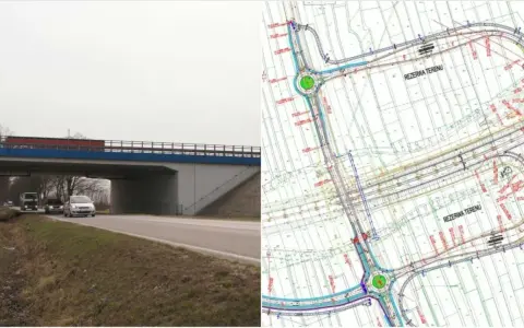 Most drogowy i plan węzła autostradowego.