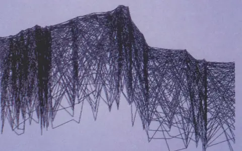 Une œuvre d'art contemporain défie la perception avec un réseau complexe de lignes sombres formant une structure abstraite rappelant une montagne ou une cascade.