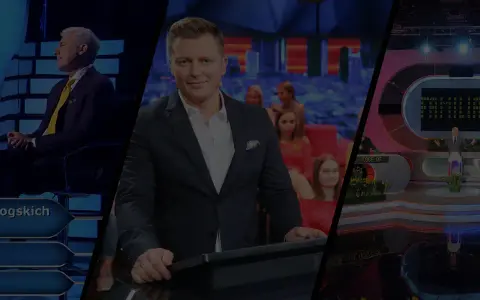 Trzy sceny z teleturniejów. Na lewo uczestnik "Milionerów", w środku prowadzący, na prawo "Familiada".