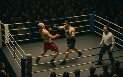 Dos boxeadores en un ring, uno golpea al otro. El árbitro observa. Una escena intensa, como en los mejores juegos de boxeo pc.