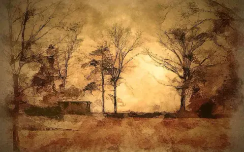Monochrome art depicts bare trees in a hazy, sepia-toned landscape. A low, dark structure sits in the middle ground.