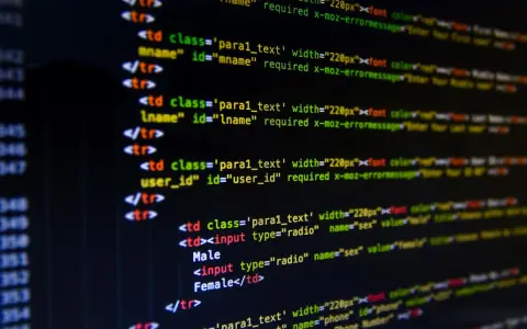 Kod HTML z polami formularza, idealny do nauki programowania. Widoczne pola na imię, nazwisko, ID użytkownika, płeć (radio buttony) i numer telefonu.