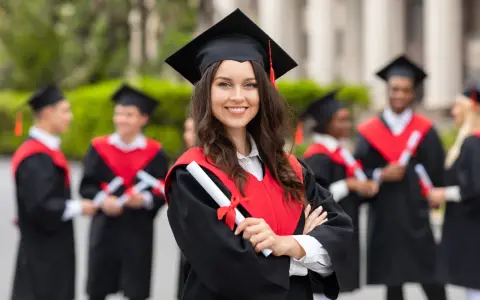 Uśmiechnięta absolwentka z dyplomem w ręku, w tle inni studenci po ang.