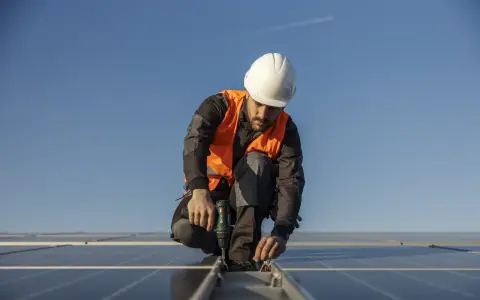 Instalator montuje panele fotowoltaiczne, zapewniając długoterminową gwarancję na panele fotowoltaiczne.