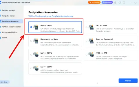 Festplatten-Konverter: MBR zu GPT konvertieren für mehr Partitionen, wie von Windows 11 gefordert.