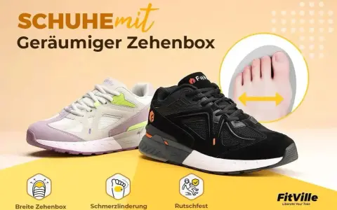 Zwei Sneaker, ein lilafarbener und ein schwarzer, mit dem Slogan "Geräumiger Zehenbox". Ein Kreis zeigt eine Fußzehenansicht mit Pfeilen, die die breite Zehenbox hervorheben.