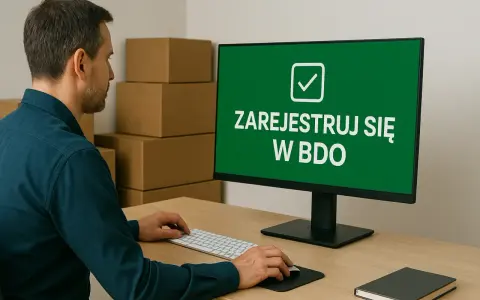 Mężczyzna przy biurku rejestruje jednoosobową działalność gospodarczą a śmieci w systemie BDO.