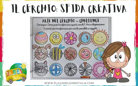 Attività di didattica multimediale: disegni creativi di cerchi trasformati in oggetti, come un sole sorridente, un gatto e un'ape.