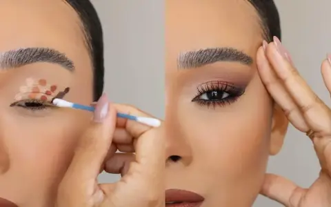 Tutorial: ombretto come metterlo. Un occhio con base e puntini marroni, l'altro con trucco sfumato e ciglia finte.
