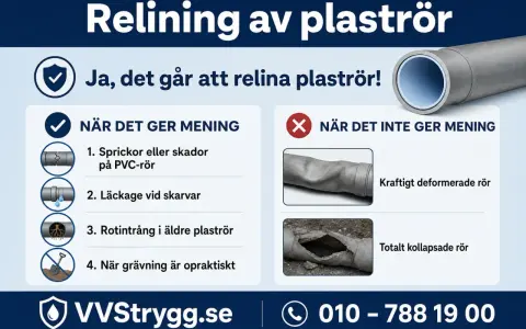 Information om relining av avlopp. Visar när det lönar sig (sprickor, läckage, rotintrång, opraktisk grävning) och när det inte gör det (kraftigt deformerade, kollapsade rör).