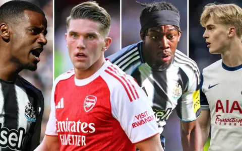 Fyra fotbollsspelare i Premier League: en i Newcastle-tröja, en i Arsenal-tröja, en till i Newcastle-tröja och en i Tottenham-tröja.