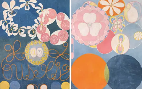 Två målningar av hilma af klint. Vänstra sidan visar blommor och orangea former på blå bakgrund. Högra sidan har cirklar i olika färger.