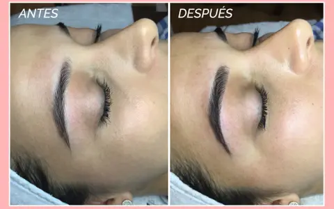 Comparativa de microblading cejas: antes y después. Las cejas lucen más definidas y pobladas tras el tratamiento.