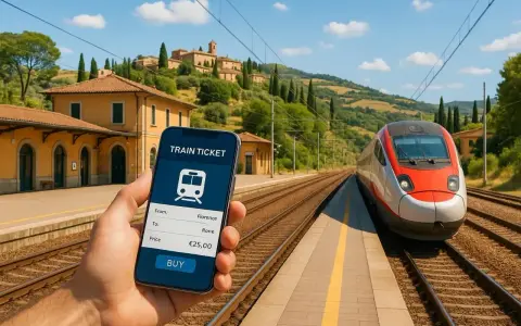 Chcesz wiedzieć, jak kupić bilet na pociąg we Włoszech? Na ekranie telefonu widzisz aplikację z trasą Florencja-Rzym i ceną 25 euro.