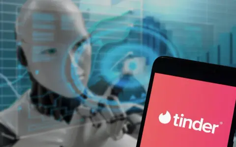 Robot analizujący dane, obok ekran telefonu z logo Tinder. Czy to przyszłość randek dla intj?