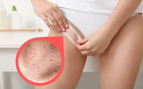 Zbliżenie na skórę z widocznymi krostami po goleniu miejsc intymnych.