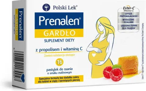 Prenalen Gardło - suplement diety z propolisem i witaminą C dla kobiet w ciąży. Pomaga złagodzić ból gardła, łagodna forma dla żołądka.