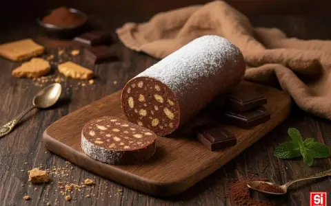 Un delizioso salame al cioccolato, cosparso di zucchero a velo, su un tagliere di legno. Biscotti, cioccolato e menta completano la scena.