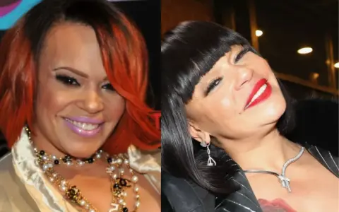 Faith Evans, wokalistka, z rudymi włosami i fioletową szminką, obok siebie w czarnej peruce i czerwonej szmince. Jej mąż, Stevie J, jest również znany z życia publicznego.