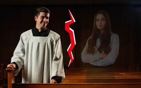 Młody kleryk w sutannie i kobieta po przeciwnych stronach, rozdzieleni czerwoną błyskawicą. Czy to symbol walki z pokusą, która dotyczy co to celibat?