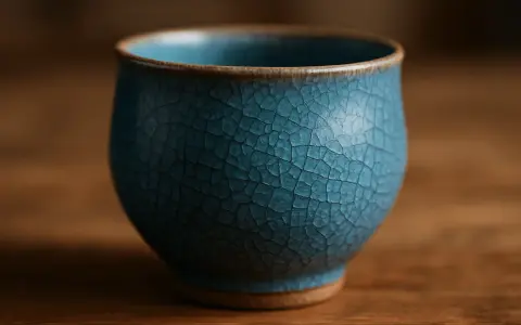En vacker blå keramikmugg med ett sprucket mönster, perfekt för att njuta av en kopp te hemma.