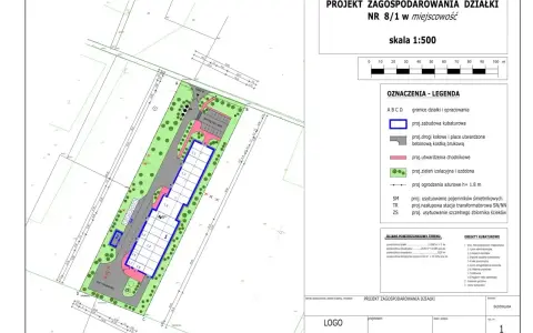 Projekt zagospodarowania działki z zaznaczoną powierzchnią zabudowy zgodnie z prawem budowlanym, drogami, parkingiem i zielenią.