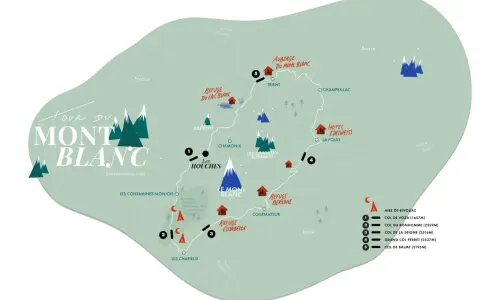 Carte du Tour du Mont Blanc, montrant les refuges, cols et villes. La distance TMB est indiquée par des points et des lignes.