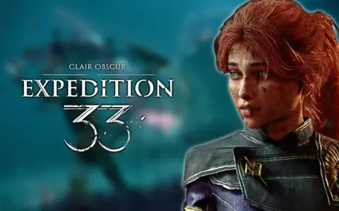 Una mujer con cabello rojo y ojos azules, con el logo "Clair Obscur Expedition 33" al lado.
