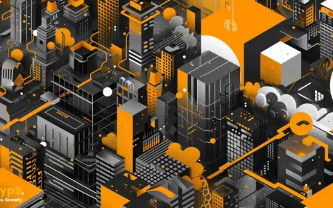 Stylizowana metropolia w odcieniach czerni, bieli i pomarańczy. Widać tu futurystyczne budynki, które mogą symbolizować rozwój technologii, jak np. xdc kurs.