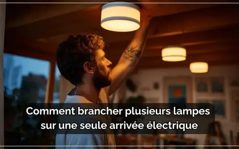 Schéma branchement 2 lampes 1 interrupteur. Un homme installe des luminaires au plafond, illustrant comment connecter plusieurs lampes à une seule arrivée électrique.