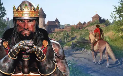 König mit Krone und Rüstung, im Hintergrund eine Burg und ein Reiter. Ein Bild aus mittelalterlichen Spielen.