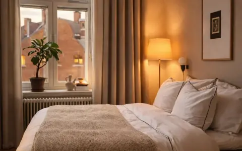 Ett mysigt rum med en bäddad säng, en fönsterbräda med en växt och en varm lampa som lyser upp.