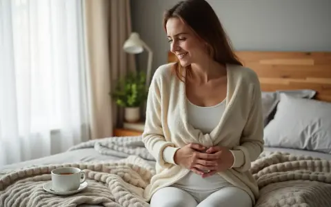 Kobieta z uśmiechem trzyma się za brzuch, zastanawiając się, ile dni przed okresem boli brzuch. Na stoliku obok filiżanka herbaty.