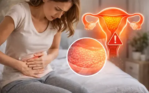Kobieta z bólem brzucha, grafika macicy z przerostem endometrium i ostrzeżeniem, sugerująca potrzebę łyżeczkowania.
