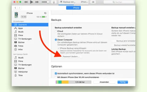 Bildschirmfoto zeigt die Einstellungen für ein iPhone-Backup. Ein roter Pfeil weist auf die Option "Passwort ändern", falls Sie Ihr iPhone Backup Passwort vergessen haben.