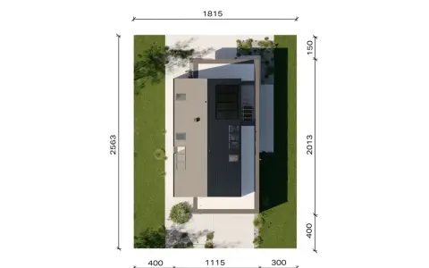 Projekt domu homekoncept 130 z lotu ptaka. Nowoczesna bryła z płaskim dachem i panelami fotowoltaicznymi.