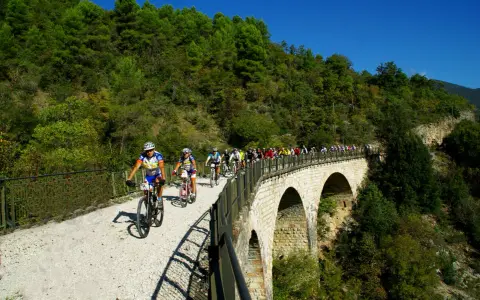 Ciclisti in gruppo percorrono la ciclabile Spoleto Norcia su un viadotto panoramico, immersi nel verde.
