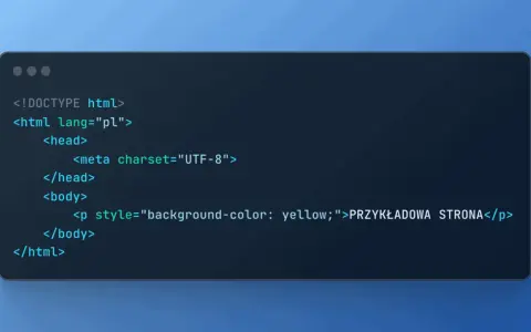 Kod HTML strony z tekstem "PRZYKŁADOWA STRONA" w duża czcionka na żółtym tle.