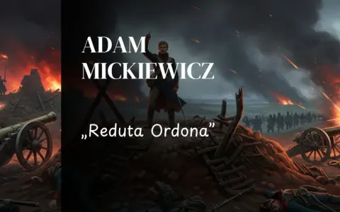Ilustracja do wiersza "Reduta Ordona" Adama Mickiewicza. Pole bitwy, artyleria, wybuchy, żołnierze i dymiące ruiny.