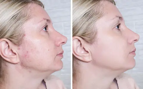 Przed i po: skóra z niedoskonałościami i zaczerwienieniami po zastosowaniu Acne Derm. Efekty widoczne!