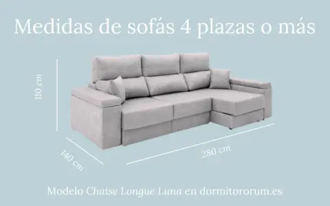 Sofá chaise longue gris de 4 plazas. Mide 280 cm de largo, 140 cm de fondo y 110 cm de alto.