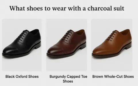 Three pairs of dress shoes: black oxfords, burgundy capped toes, and brown whole-cuts, perfect for a charcoal suit.