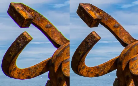 Comparación de imagen: a la izquierda, se aprecia la aberración cromática con bordes verdes y morados en la escultura de metal oxidado; a la derecha, la imagen corregida.